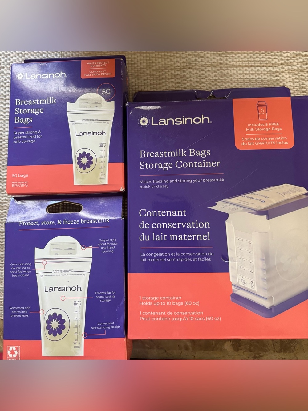 Lansinoh Purple and Coral Breastmilk Bag Storage Container